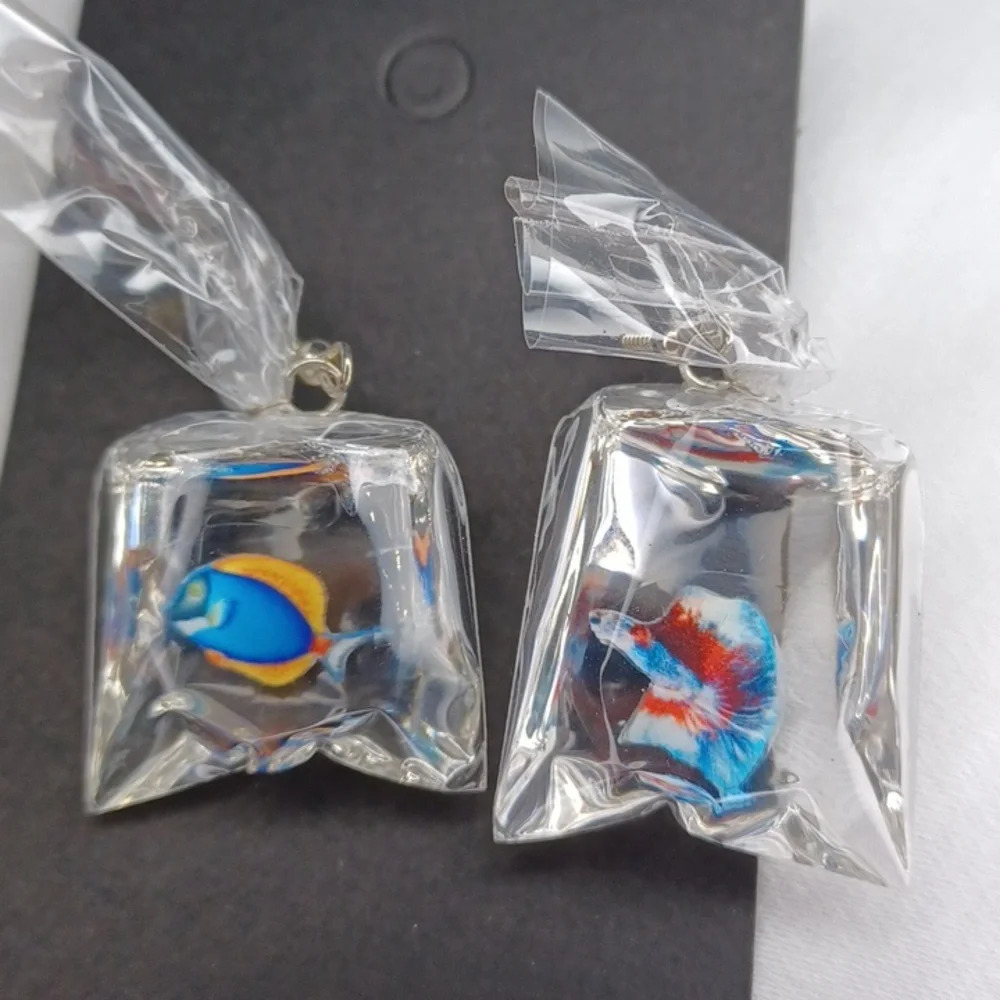 Handmade penguin and fish in a bag earrings - Picture 3 of 4